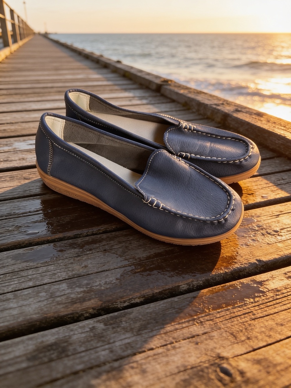 Women's Navy Leather Casual Slip-On Loafers